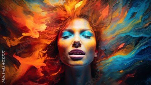 vibrant abstract portrait of a person with colorful hair and makeup
