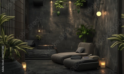 a serene 3D rendering of a modern spa retreat, infused with Daz3D aesthetics, dark grey furniture and walls, enchanting lighting, and meticulous design photo