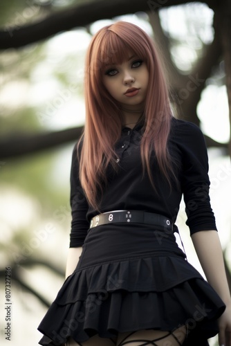 young woman with pink hair in black outfit