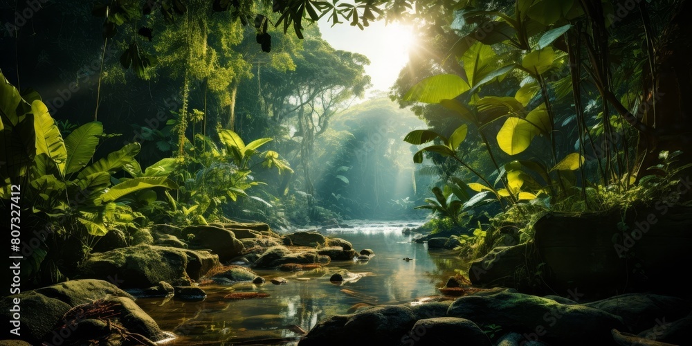 Lush tropical rainforest landscape with flowing river