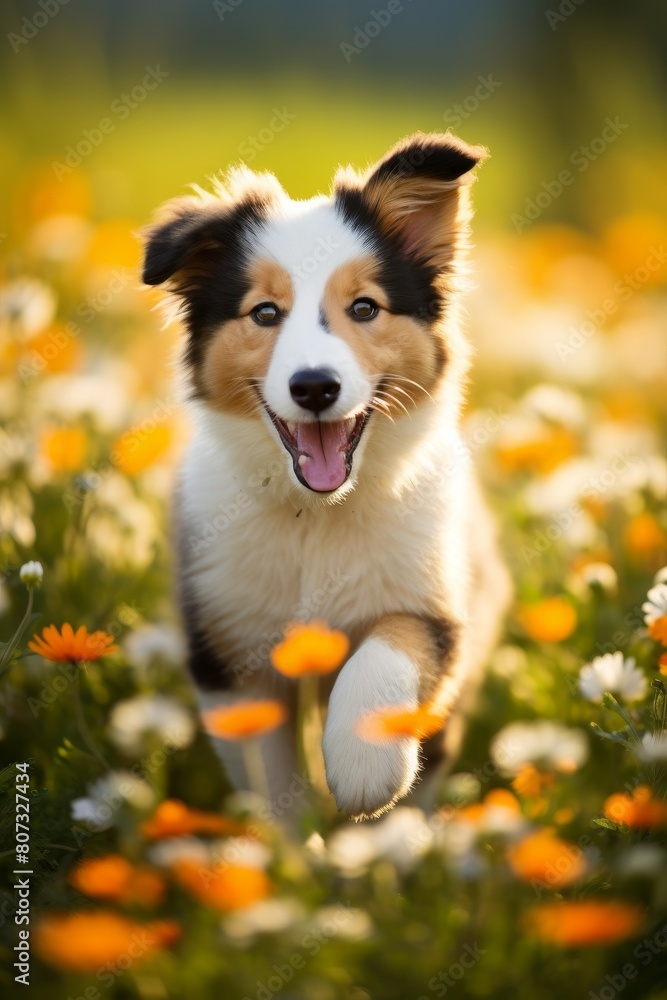 Playful puppy in a field of flowers Playful puppy in a field of flowers
