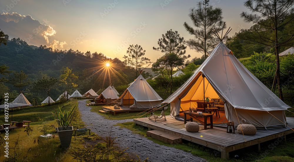 Glamping site with canvas tents, wooden deck terraces and green grass areas surrounded by trees in the countryside at sunset. Generative AI.