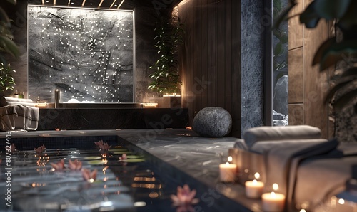 a serene 3D rendering of a modern spa retreat, infused with Daz3D aesthetics, dark grey furniture and walls, enchanting lighting, and meticulous design  photo