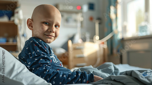 sad child with oncology in the ward at the clinic, the boy is suffering from cancer
