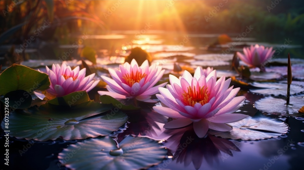Vibrant lotus flowers blooming in serene pond Vibrant lotus flowers blooming in serene pond
