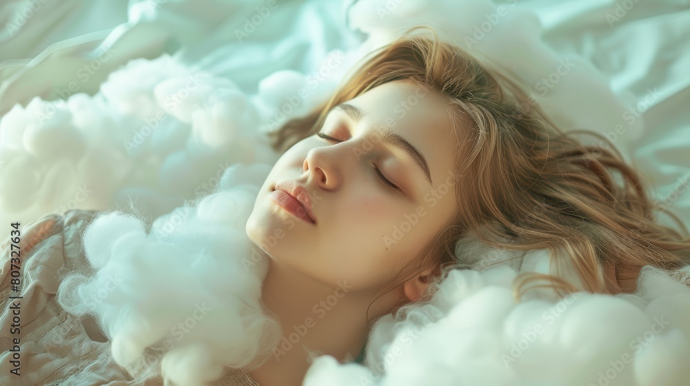 Serene close-up image of a young woman lying asleep on a cloud-like pillow, embodying the essence of airy dreams
