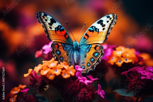 Vibrant butterfly resting on colorful flowers © Balaraw