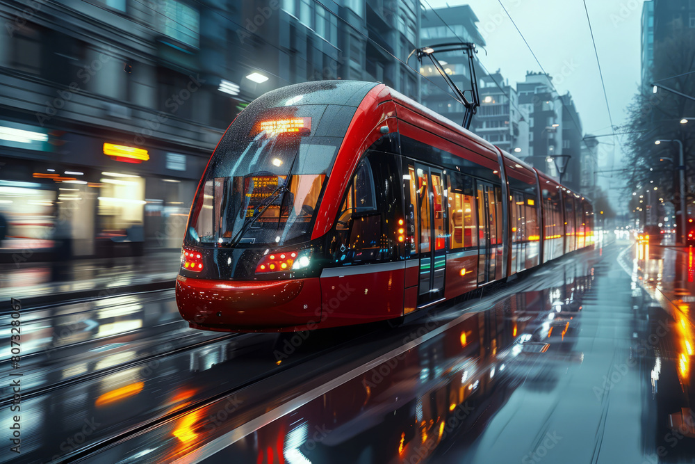 Modern tramway in the center of city. Urban transportation
