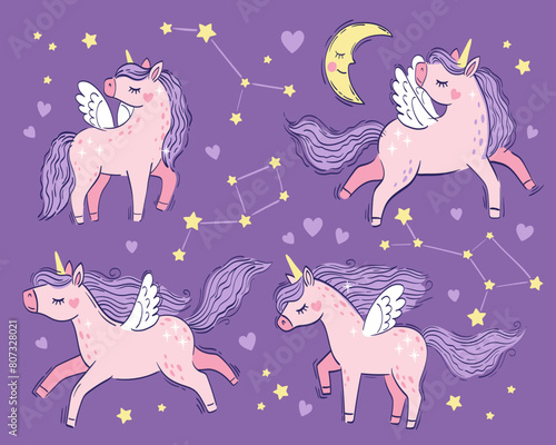 Vector set of illustration. Cute little pink magical unicorns. Vector hand drawing illustration isolated on purple background. Print for t-shirt for children © Nataliia