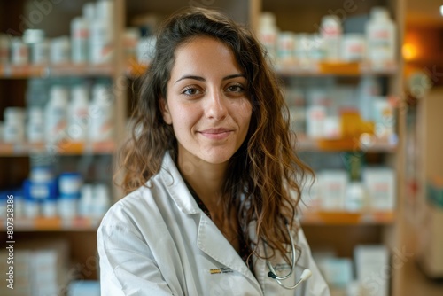A young female pharmacist wearing a lab coat and stethoscope smiles at the camera. AIG51A.