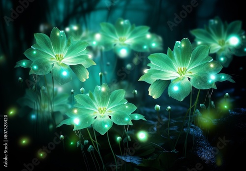 Glowing green flowers in magical forest