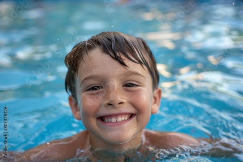 Smiling child boy in the swimming pool. Children swimming and playing in water