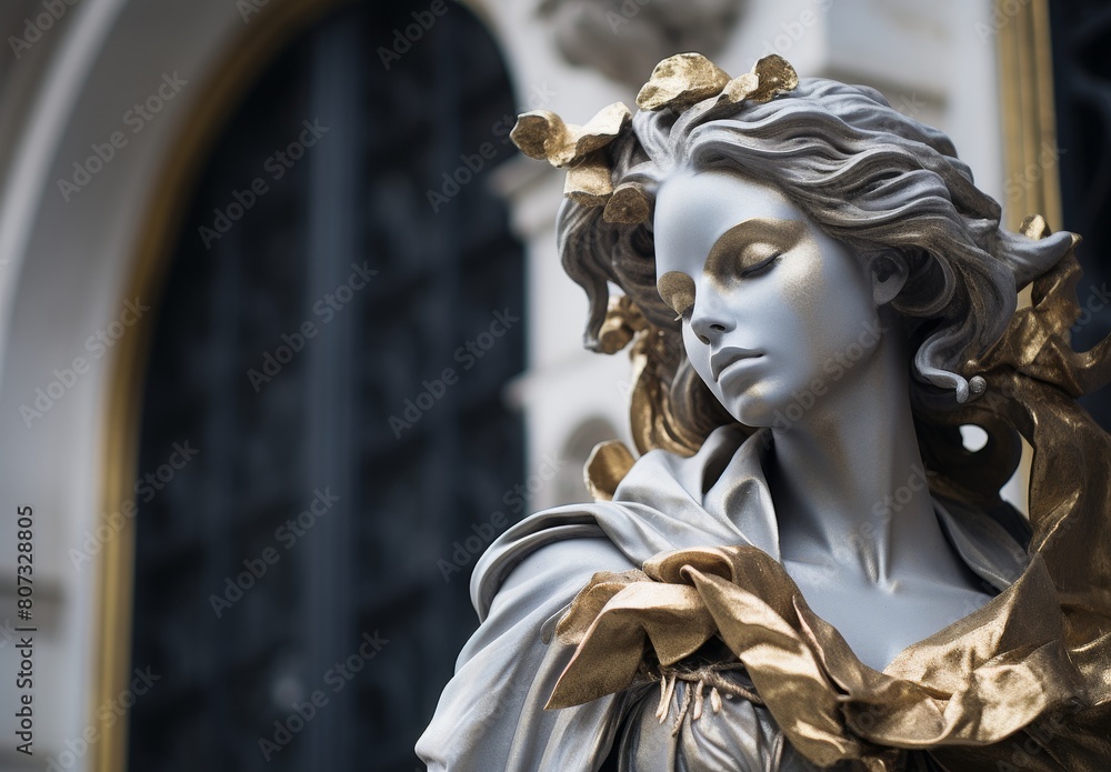 Ornate Statue with Flowing Robes and Golden Accents