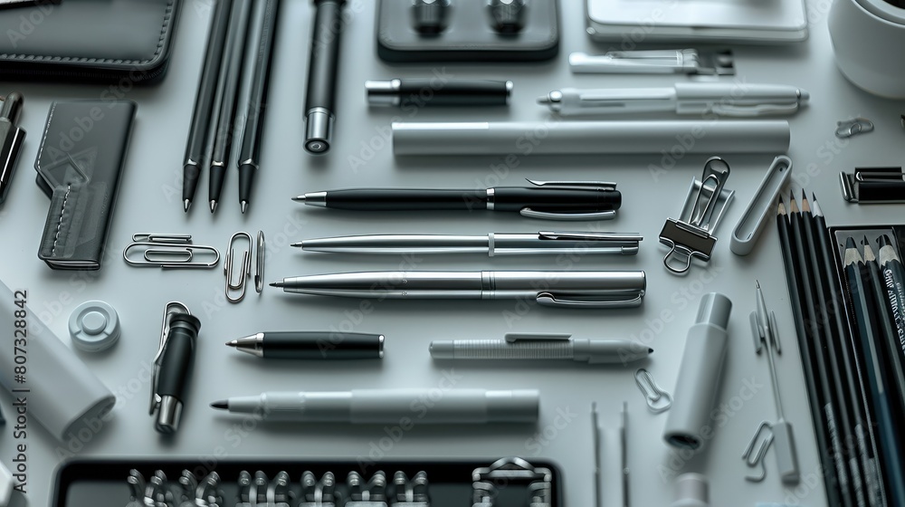 Subtly incorporates everyday stationery items as pens and paper clips. top view. Generative AI. Subtly incorporates everyday stationery items as pens and paper clips. top view. Generative AI.
