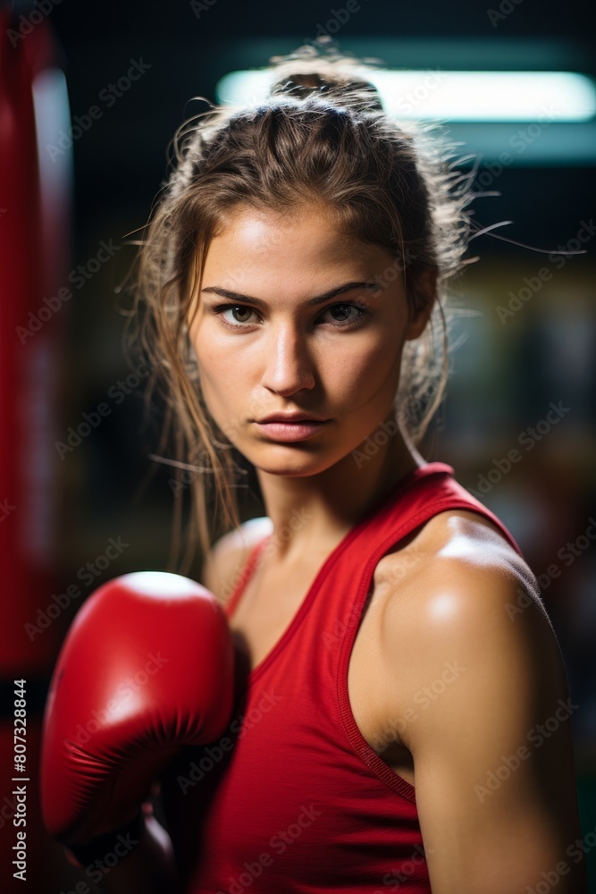 Determined female boxer in red sportswear