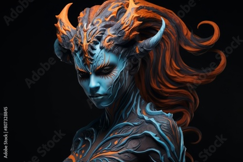 Mystical fantasy creature with fiery hair and horns