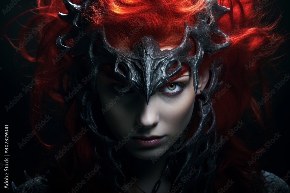 Mysterious woman with dark horned headpiece and fiery red hair