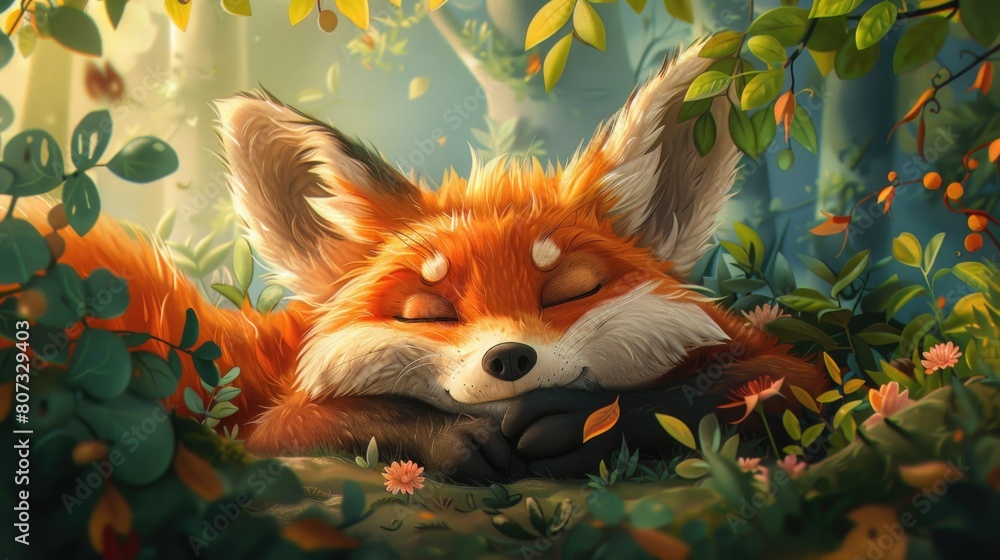 Tranquil Woodland Fox in Restful Slumber Amidst Lush Foliage