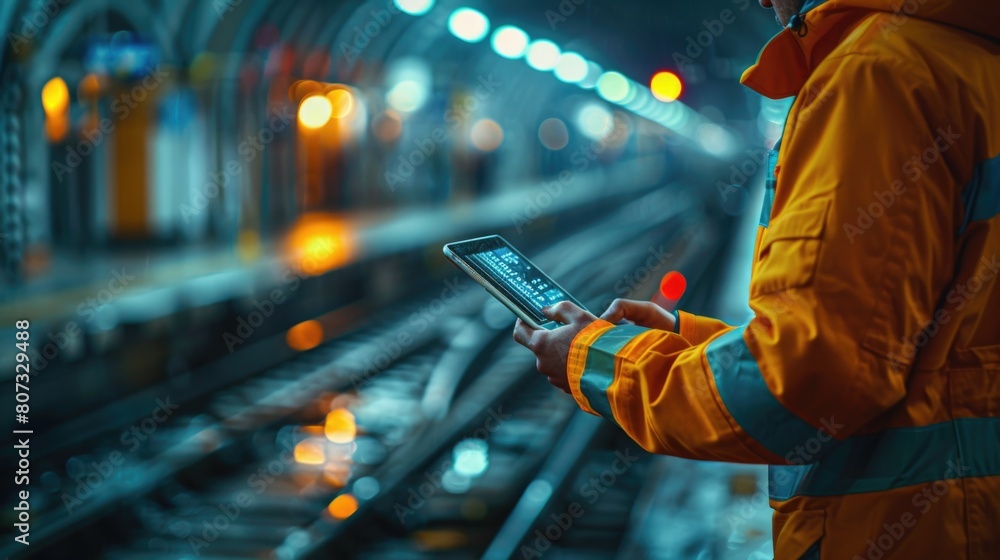 Railway Worker in High-Visibility Clothing Using Tablet at Night