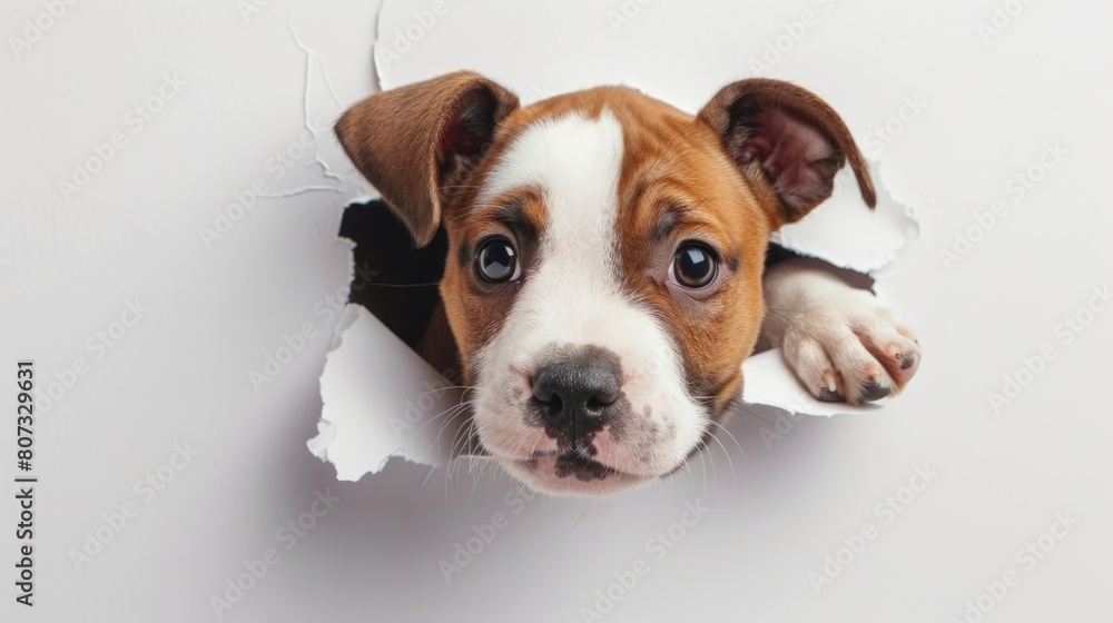 Curious Puppy Peeking Through Torn White Paper Background