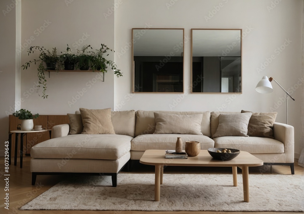 Fototapeta premium Inviting Living Room Warm Colored Furniture , couch and chair in a living room, bay window, apartment