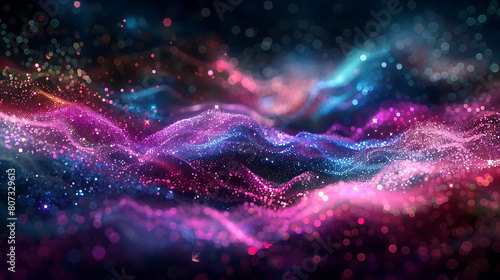 a dynamic and abstract display of glittery particles. The vibrant colors of pink  blue  and purple blend seamlessly