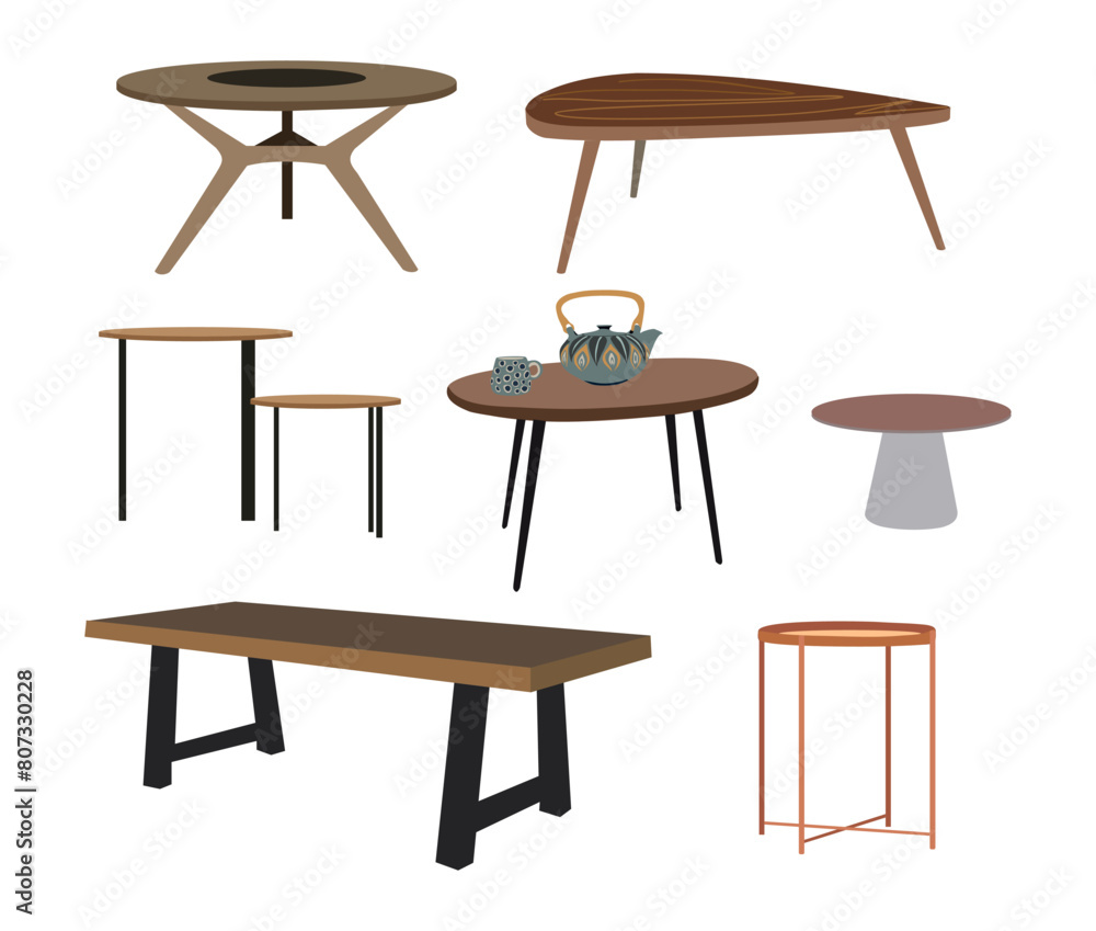 Table set. Modern trendy dining furniture, coffee tables, different ...