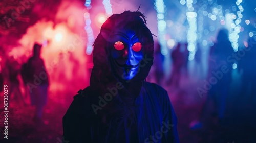 A person in a mask with glowing red eyes stands out in the darkness, creating an eerie and mysterious atmosphere. photo