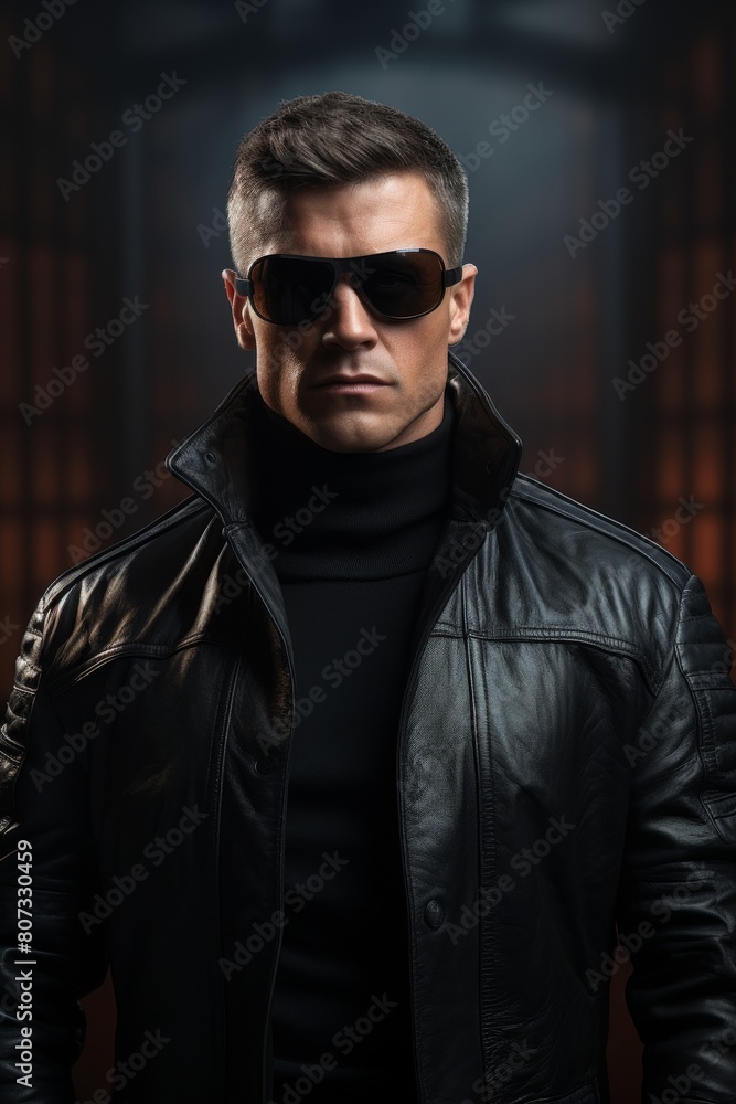 Mysterious man in black leather jacket and sunglasses