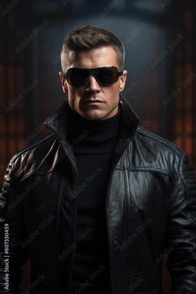 Fototapeta premium Mysterious man in black leather jacket and sunglasses
