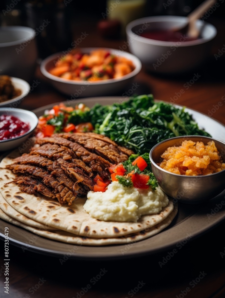 Delicious Middle Eastern Meal with Grilled Meat, Vegetables, and Dips Delicious Middle Eastern Meal with Grilled Meat, Vegetables, and Dips