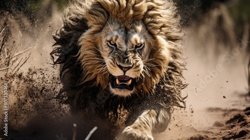 Powerful lion roaring in the wilderness