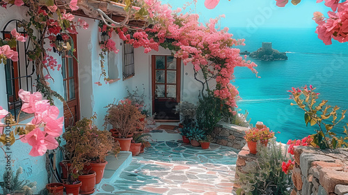 Fototapeta Naklejka Na Ścianę i Meble -  A beautiful house, surrounded by pink bougainvillea flowers and plants, with the sea behind it. Generative AI.