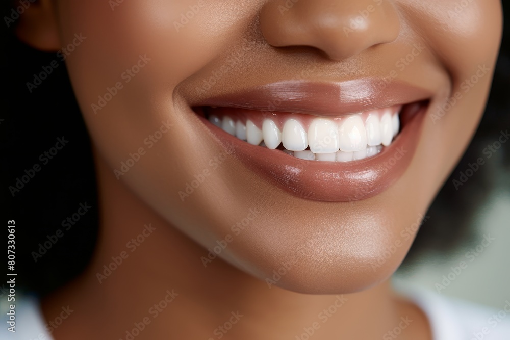 Close-up of a person's smiling mouth with white teeth Close-up of a person's smiling mouth with white teeth