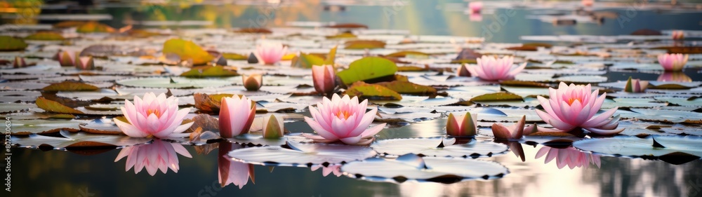 serene pond with pink water lilies
