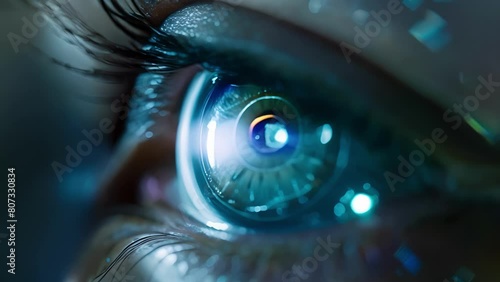 A closeup of a biohackers eye featuring a retinal implant that allows them to see in night vision. . photo