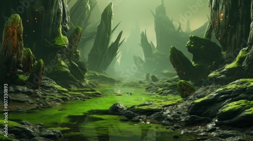 Enchanted alien landscape with glowing green lake © Balaraw