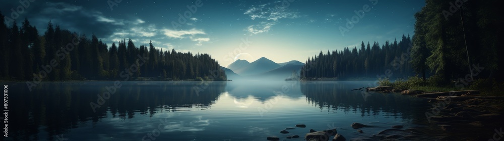 Serene mountain lake at dusk