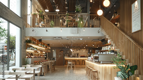 Modern and simple cafe, with double-height space on the second floor. Generative AI. photo