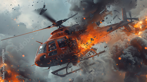 a dramatic scene of a damaged helicopter surrounded by flames and debris. Here are the details: The central focus is a damaged helicopter with its rotors still spinning, amidst a fiery explosion