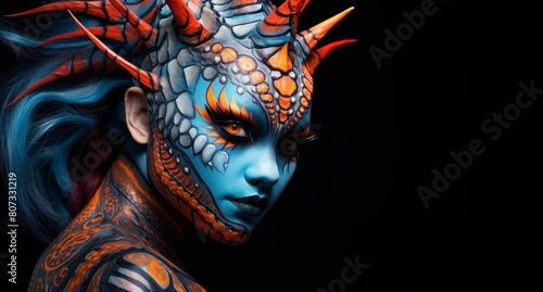 Vibrant fantasy creature with intricate body art