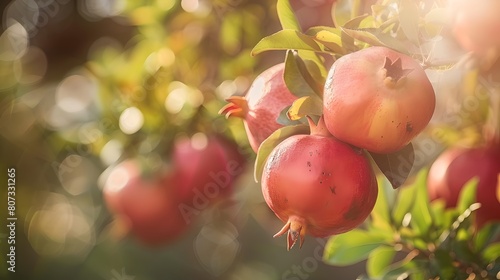 Ripe pomegranates hanging on a sunlit tree. Fresh fruit harvest in a garden. Healthy and natural food concept. Vivid colors with a soft focus background. Botanical image by AI