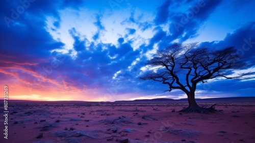 Dramatic sunset over a lone tree in the desert