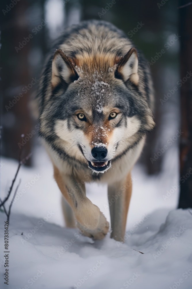 Naklejka premium Fierce wolf in snowy forest