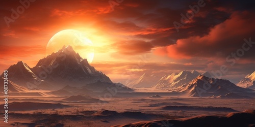 Dramatic sunset over a rugged alien landscape