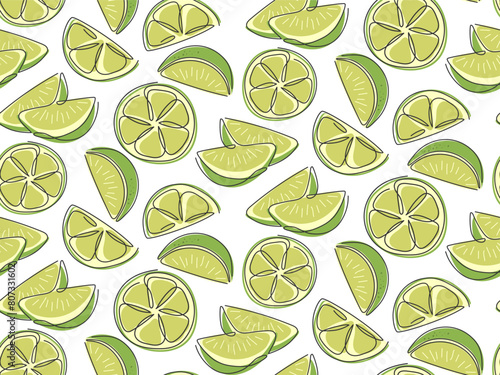 Lime slices seamless pattern. Abstract doodle outline green citrus. Exotic tropical fruit. Mojito, detox drink, lemonade background