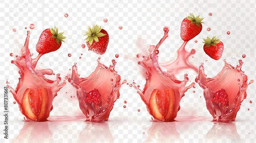 Set of strawberry juice splash isolated on transparent background photo