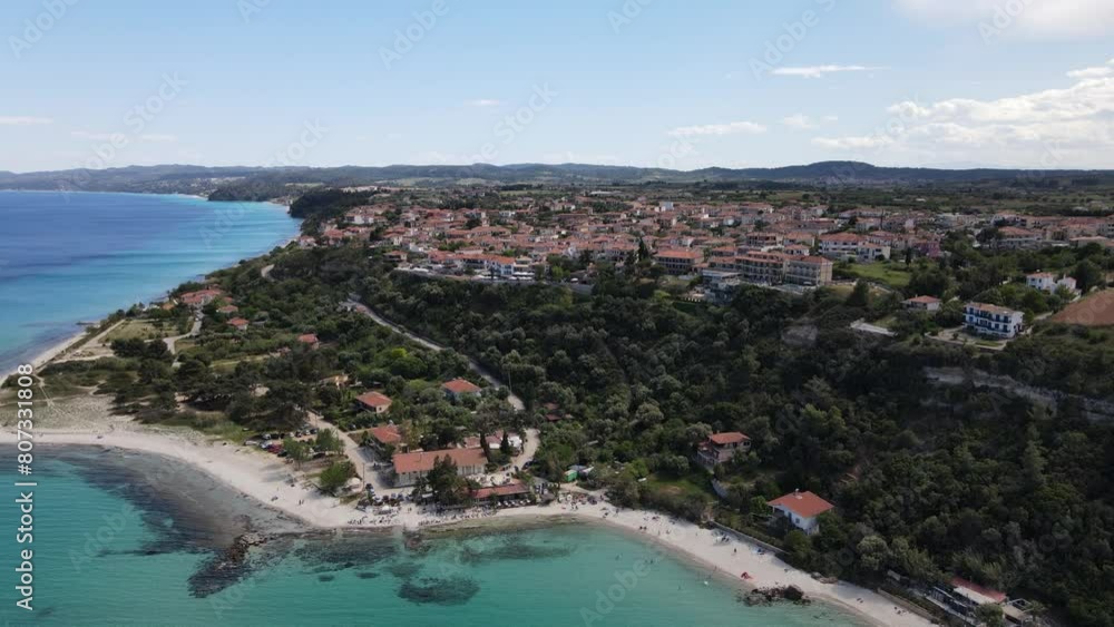 Aerial drone view on beach and sea in Afytos greece holiday and vacation concept Aerial drone view on beach and sea in Afytos greece holiday and vacation concept