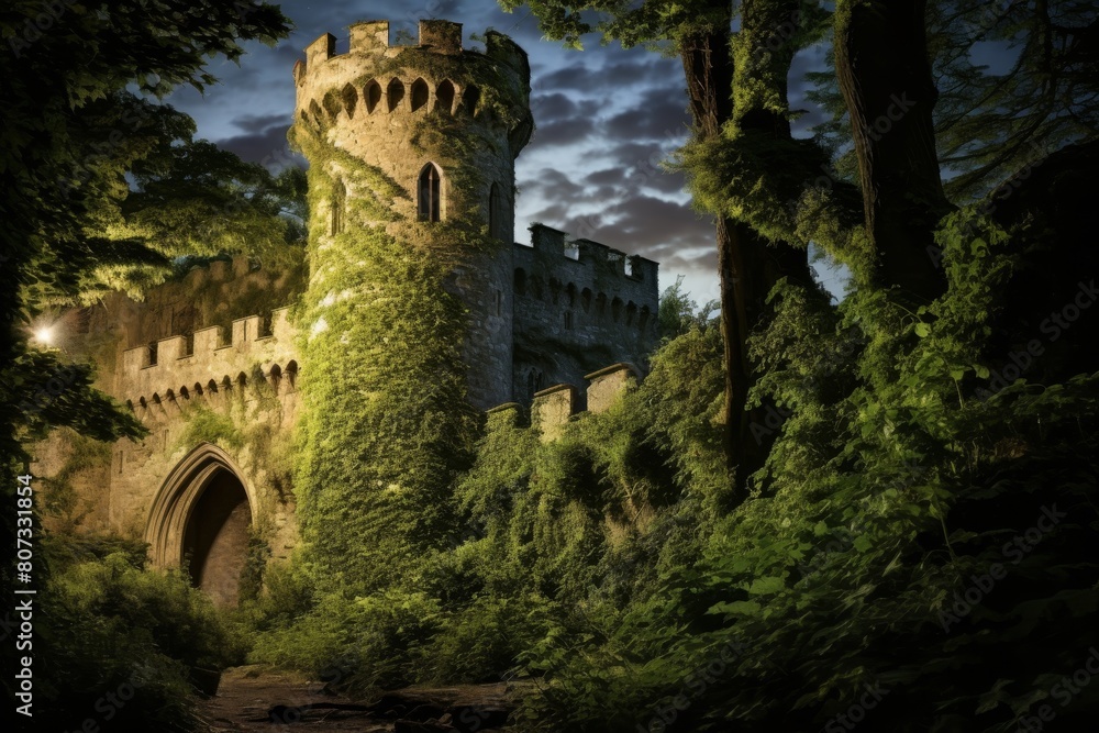 Enchanting medieval castle in lush green forest Enchanting medieval castle in lush green forest
