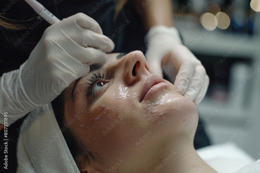 Woman getting a facial injection from a doctor. Suitable for medical and beauty concepts Woman getting a facial injection from a doctor. Suitable for medical and beauty concepts